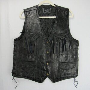 Women’s Biker Rebel Ryder Leather Vest Black Fringe Patchwork Lace Up Sides L